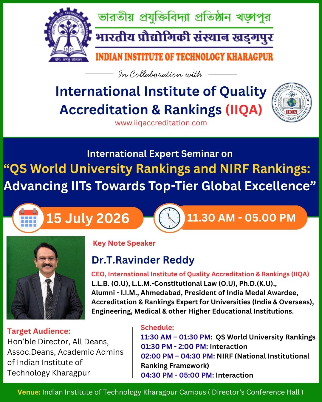 IIT Kharagpur and IIQA to Host International Expert Seminar on QS, THE & NIRF Rankings: Advancing IITs Towards Top-Tier Global Excellence