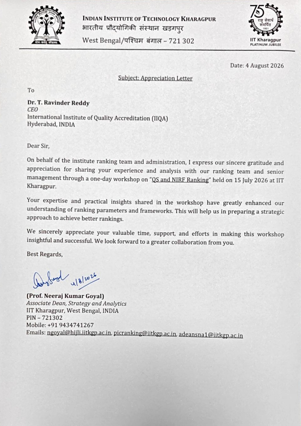 Appreciation letter displayed on IIQA’s website