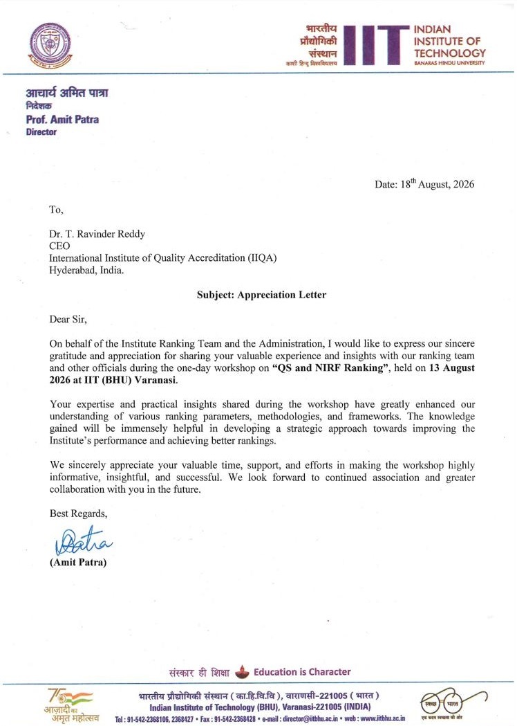 IIT (BHU), Varanasi appreciation letter