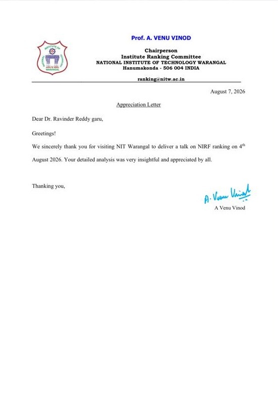 NIT Warangal appreciation letter
