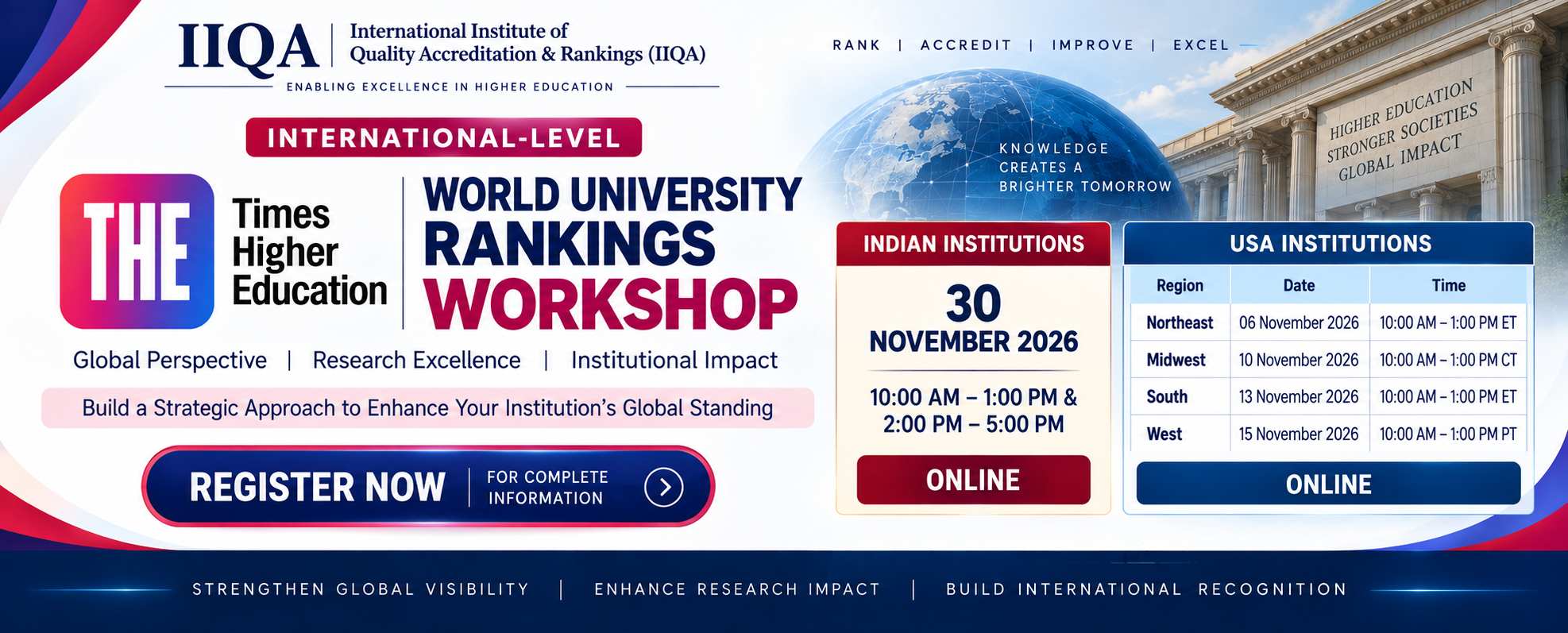 Times Higher Education World University Rankings — India: 30 November 2026 · USA: 6–15 November 2026